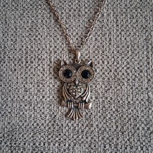 Silver Owl Pendant Necklace with Black Crystal Eyes